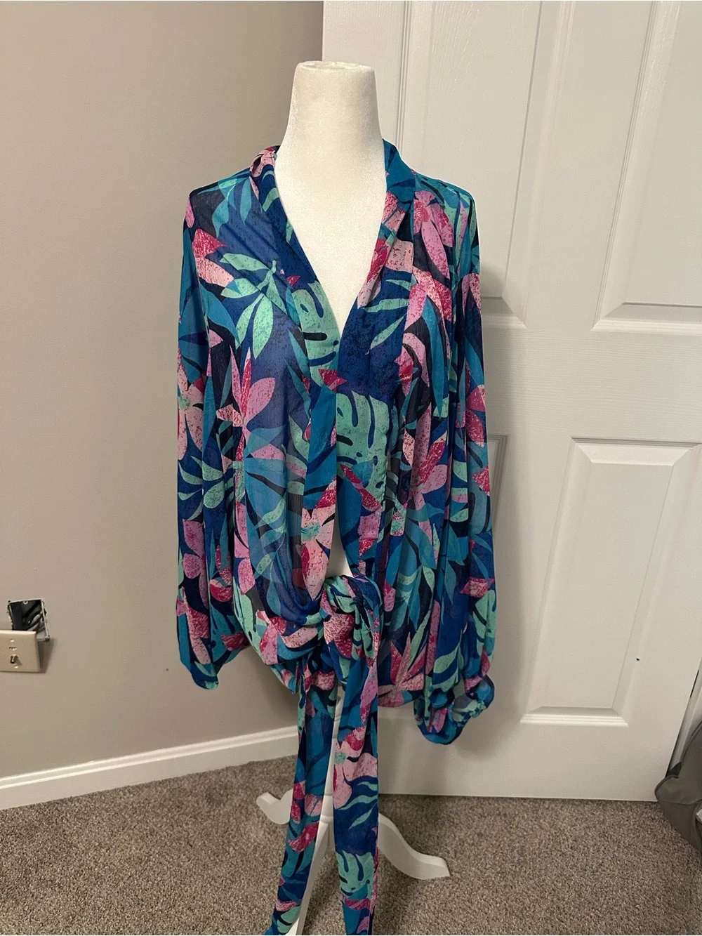 Colleen Lopez Teal, Navy & Pink Leaf Tie-Front Swim Coverup